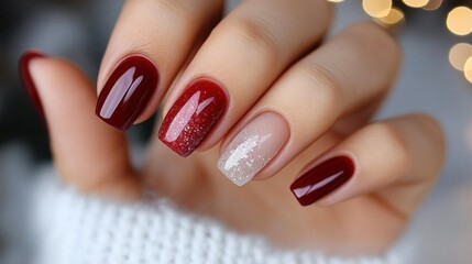 Close-up of a festive red manicure with glitter accent nails, perfect for holiday celebrations and seasonal beauty inspiration