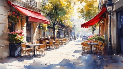 Watercolor painting of a Parisian cafe street view, soft washes of light, with detailed outdoor tables and chairs.