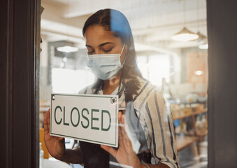 Closed, sign and waitress by door of cafe for announcement, information and notice of service time. Entrance, woman and small business board for public communication, message and update at restaurant