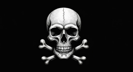 skull with crossbones underneath, symbolizing danger or pirate themes in bold detail sketch engraving generative ai raster illustration. Scratch board imitation. Black and white image