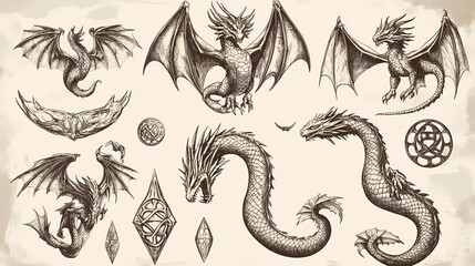 Fototapeta premium A set of hand drawn vintage illustrations of mythical creatures and other symbols. Celtic Dragon. Illustration