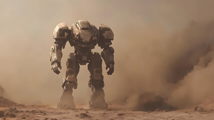 A towering, battle-scarred mech warrior stands amidst a desolate, foggy battlefield, exuding power and resilience in this epic scene. Mech Suits. Illustration