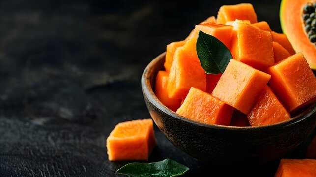 Close up photograph of freshly sliced ripe papaya fruit with green leaves showcasing the tropical papain enzyme for health and energy