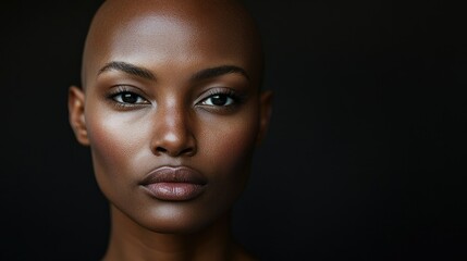 Fototapeta premium Portrait of a dark-skinned woman suffering from cancer after severe hair loss due to chemotherapy treatment