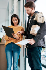 Delivery man, woman and happy with signature in home for package, parcel and courier. People,...