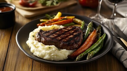 Photorealistic image of a delicious steak dinner featuring perfectly cooked meat, creamy