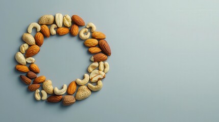 Obraz premium A circular arrangement of assorted nuts on a blue background, highlighting textures and colors. Perfect for depicting healthy snacks and nutrition.