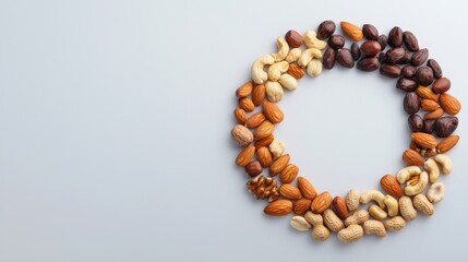 A creative arrangement of various nuts and seeds on a neutral background, showcasing their textures and colors. Perfect for healthy lifestyle imagery.