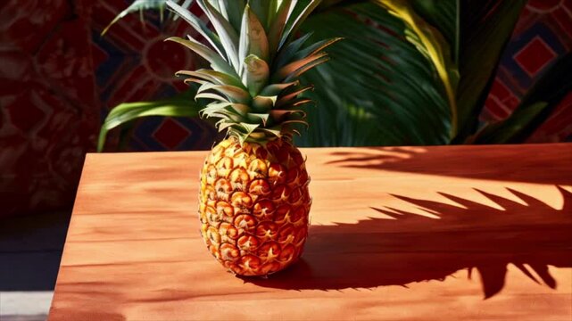 Pineapple on wooden table. Beautiful sunny day