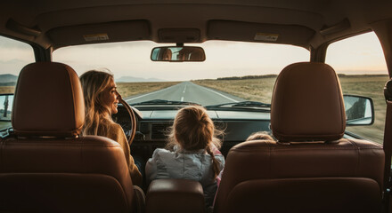 family enjoying a road trip inside of a expansive car