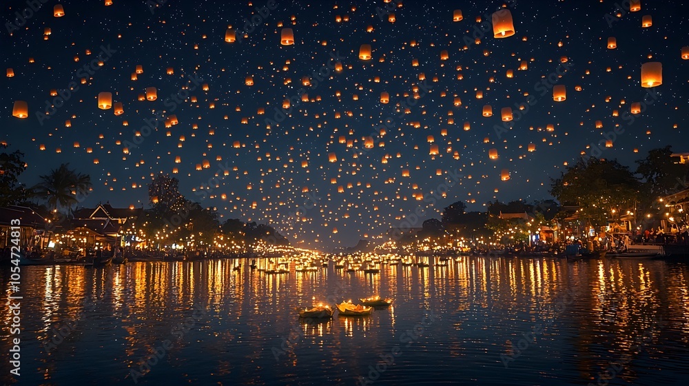 Aufkleber magical night scene with sky lanterns and traditional thai krathong floats drifting on the calm refl