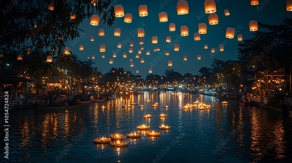 Aufkleber magical night scene with sky lanterns and krathongs floating on a calm tranquil river highlighting t