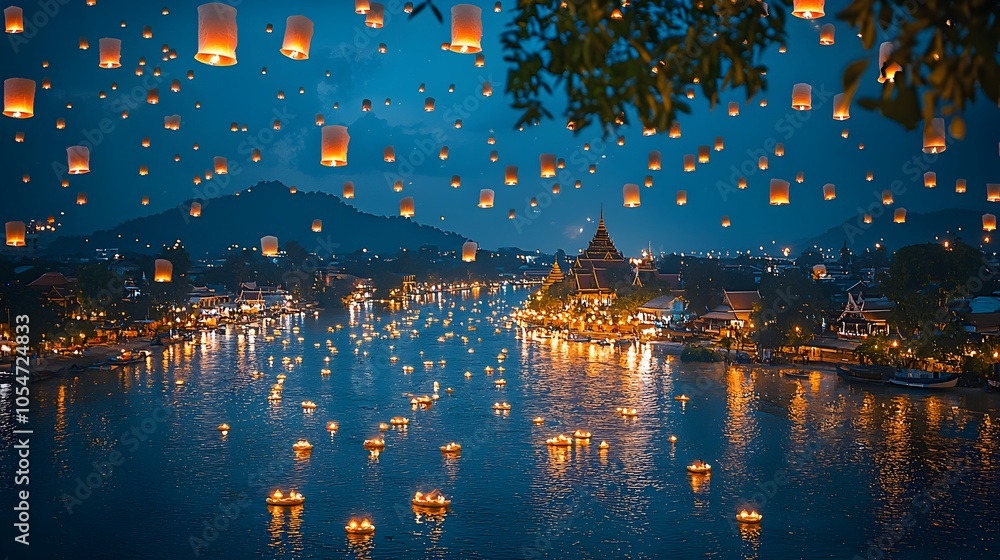 Poster Captivating scene of the Loy Krathong festival with countless sky lanterns and krathongs floating peacefully on a calm river creating a magical and enchanting atmosphere during the evening hours
