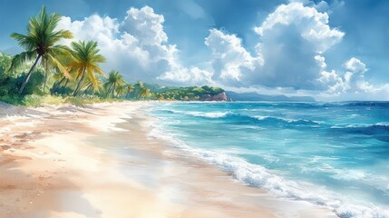 Watercolor painting of a serene tropical beach, with palm trees swaying in the breeze and soft pastel colors blending into the horizon.