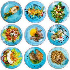 Collection of delicious restaurant and homemade dishes served on blue round plates isolated on white..