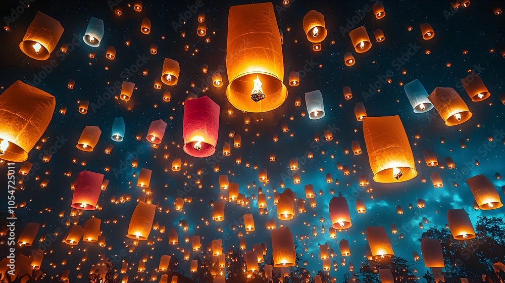 Poster colorful sky lanterns floating upwards during the loy krathong festival in thailand symbolizing wish