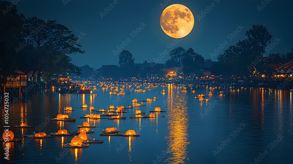 Poster a full moon shines brightly above a tranquil river filled with colorful krathongs capturing the sere