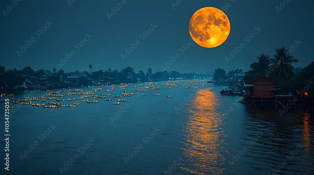 Poster Serene and reflective Loy Krathong night with a full moon shining over a river filled with floating krathongs creating a mesmerizing and enchanting atmosphere