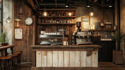 Rustic wooden cafe interior with vintage coffee machinery, warm tones, and cozy seating