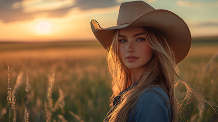 Beautiful cowgirl in a field