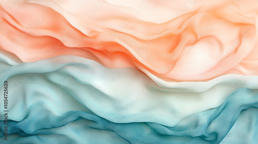Aufkleber Abstract background with soft, flowing fabric in a light blue and peach color gradient.