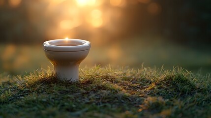 A lone toilet bowl stands isolated on a grassy patch with a warm blurred backdrop conveying a message about the importance of sanitation and promoting World Toilet Day awareness