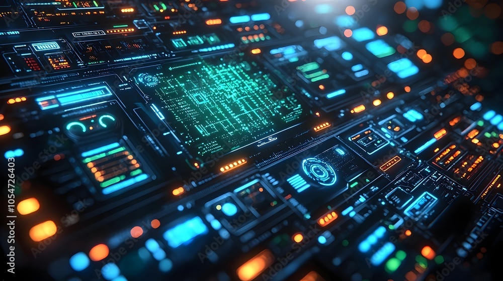 Poster Futuristic digital interface featuring holographic security codes complex protocol display and glowing blue and green data streams