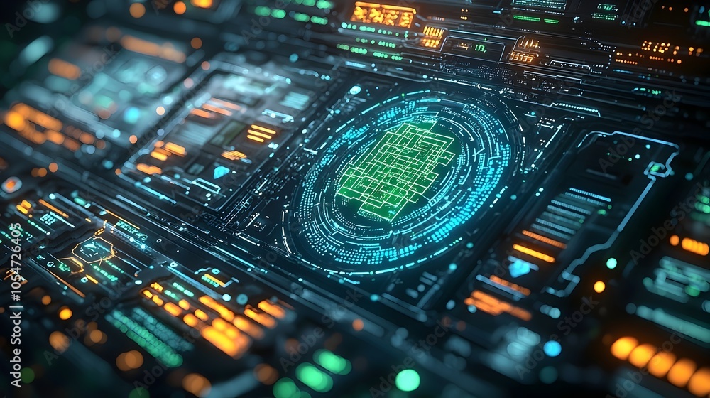 Poster Futuristic digital interface featuring holographic security codes complex data streams in blue and green and a detailed protocol display showcasing advanced technology and digital infrastructure