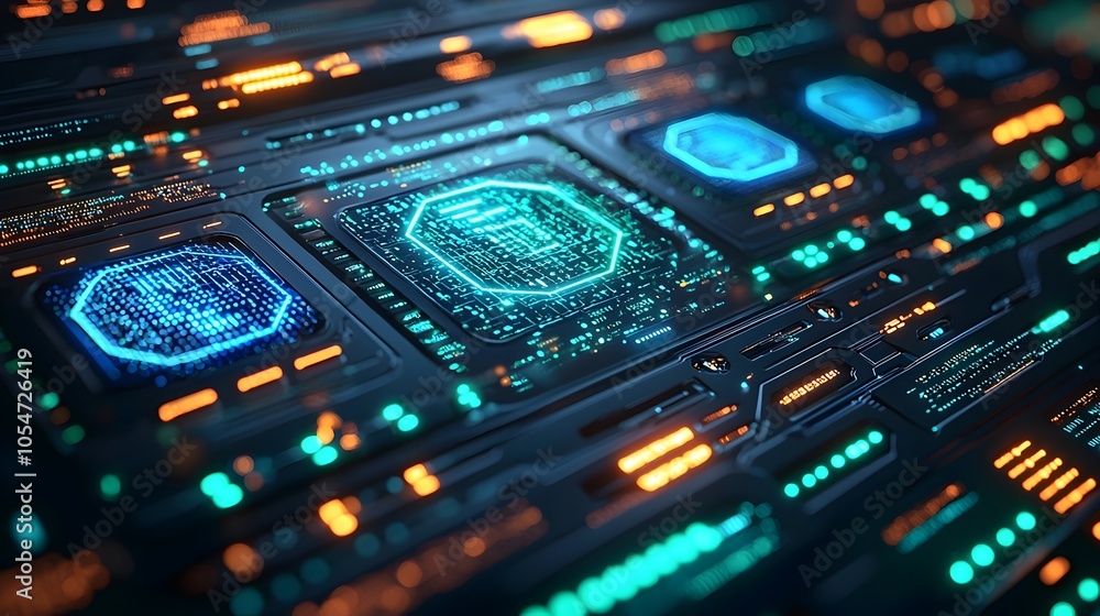 Poster Futuristic digital interface with holographic security codes glowing blue and green data streams and a complex protocol display  This image evokes a high tech