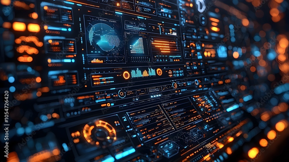 Poster Futuristic digital interface showcasing security analytics multi layered firewall icons and abstract dark blue tones representing advanced cybersecurity technology and data protection