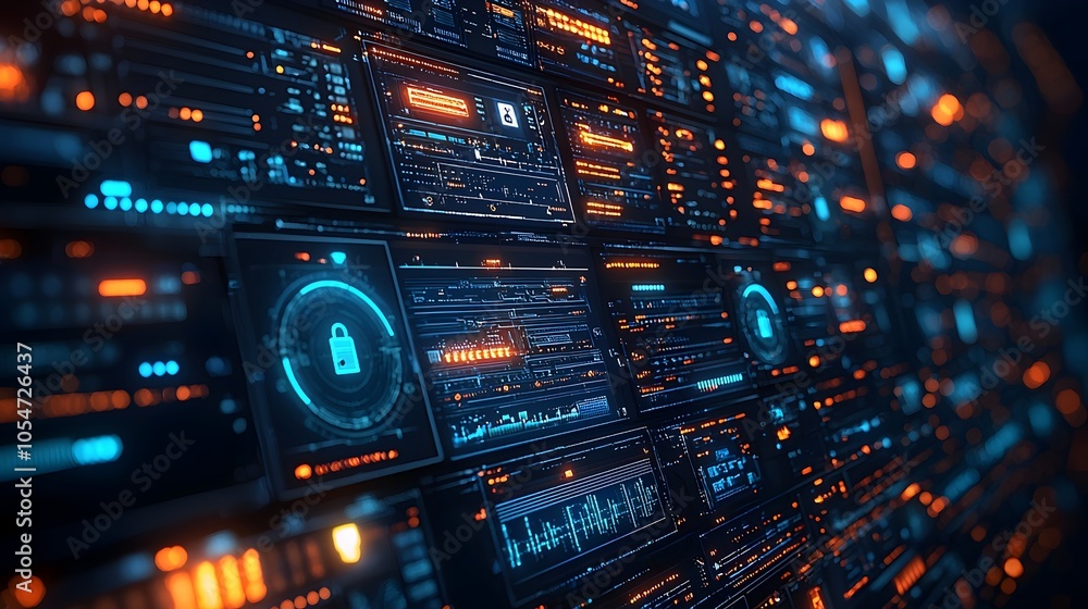 Poster Advanced cyber interface displaying intricate security analytics multi layered firewall icons