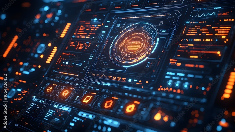 Aufkleber Advanced cyber interface displaying comprehensive security analytics multi layered firewall icons and abstract dark blue tones