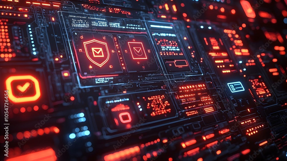 Poster Highly advanced futuristic control panel featuring encrypted network symbols floating in a dark neon lit background with a sleek modern and sophisticated design