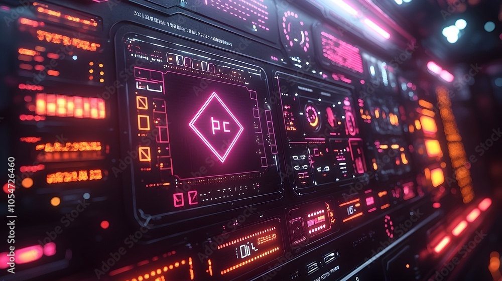 Aufkleber Sleek and modern high tech control panel filled with encrypted network symbols floating in a dark neon lit background showcasing a futuristic and digital interface for advanced systems and technology