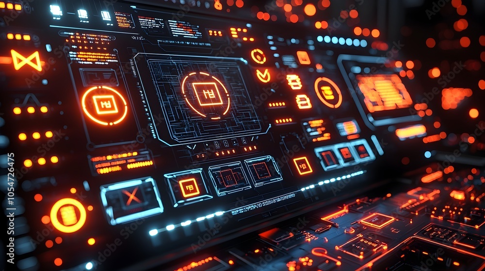 Aufkleber Sleek and Modern High Tech Control Panel Featuring Encrypted Network Symbols Floating in a Neon Lit Background Showcasing a Futuristic Digital Interface for Data and Information Processing