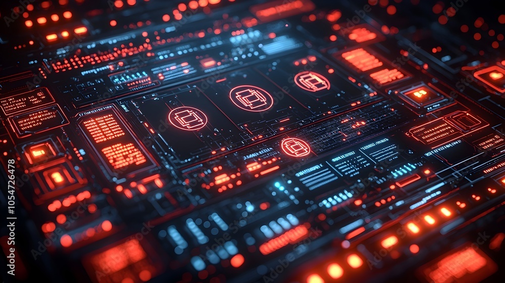 Poster Advanced encrypted control panel with floating network symbols and sleek futuristic design set against a dark neon lit background showcasing cutting edge technology and cybersecurity concepts