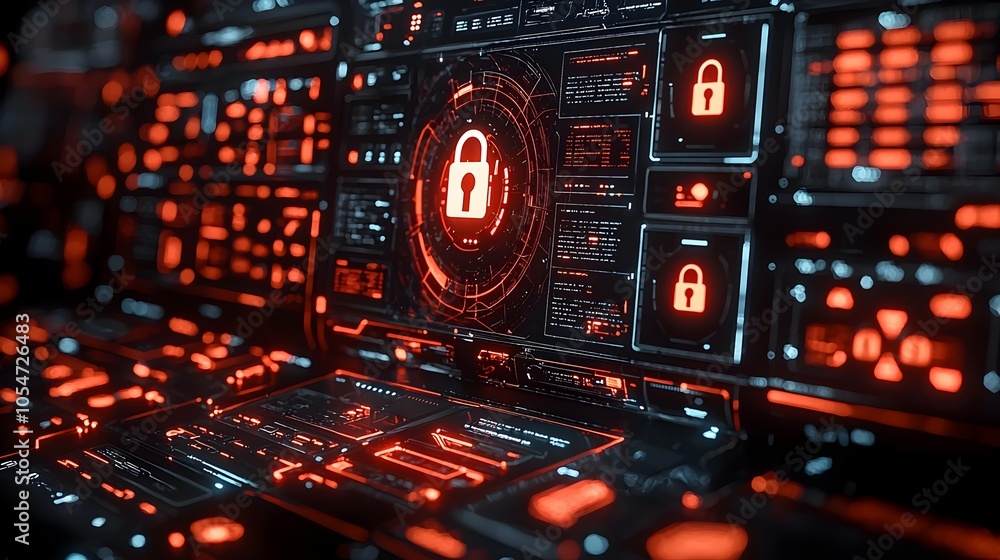 Aufkleber Futuristic Network Security Dashboard with Digital Locks Firewall Symbols and Immersive 3D Visualizations on a High Tech Control Panel Interface