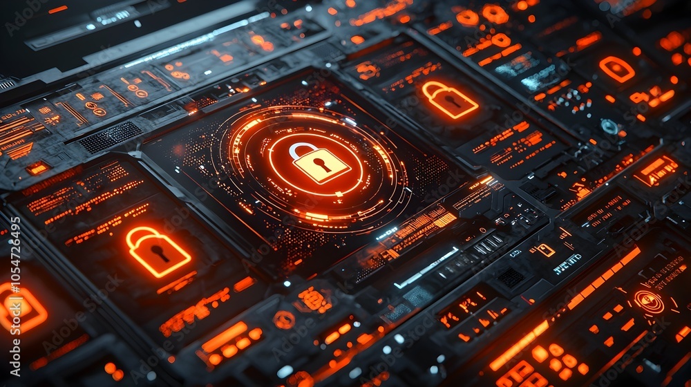 Poster Futuristic digital network security interface with firewall symbols 3D visualizations and various data analytics displayed on a high tech dashboard  Concept of cybersecurity data protection