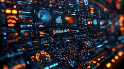 Futuristic digital interface showcasing security analytics multi layered firewall icons and abstract dark blue tones representing advanced cybersecurity technology and data protection