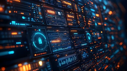 Advanced cyber interface displaying intricate security analytics multi layered firewall icons