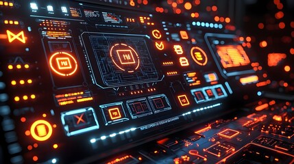 Sleek and Modern High Tech Control Panel Featuring Encrypted Network Symbols Floating in a Neon Lit Background Showcasing a Futuristic Digital Interface for Data and Information Processing