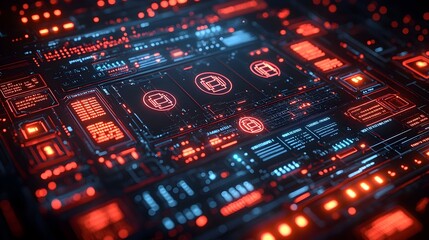 Advanced encrypted control panel with floating network symbols and sleek futuristic design set against a dark neon lit background showcasing cutting edge technology and cybersecurity concepts