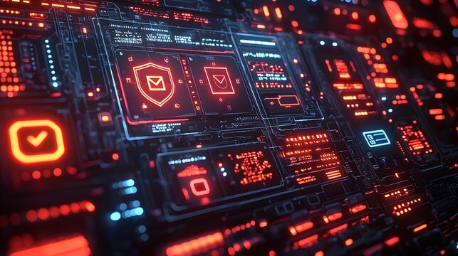 Highly advanced futuristic control panel featuring encrypted network symbols floating in a dark neon lit background with a sleek modern and sophisticated design