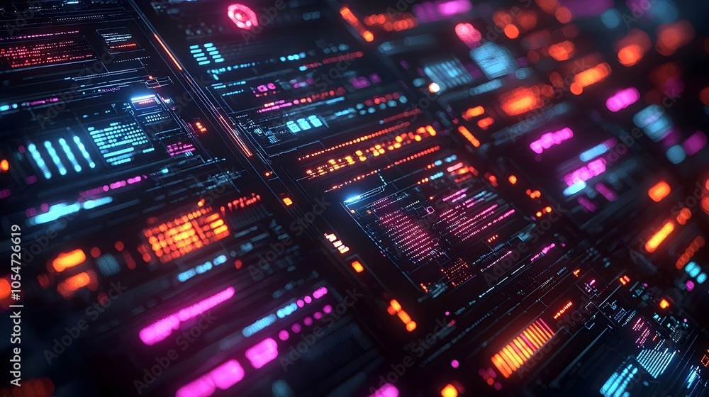 Poster Futuristic data grid with holographic panels displaying secure protocols vibrant electric colors and a sleek black background  Representing advanced technology digital information