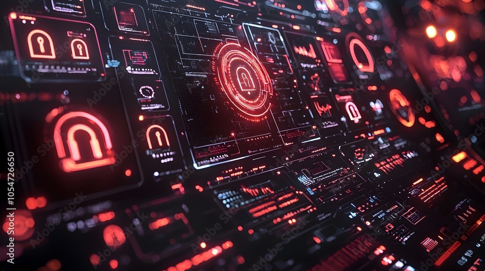 Poster Futuristic cyber security interface dashboard with digital locks firewall symbols and 3D data visualizations  Cutting edge technology for network protection access control