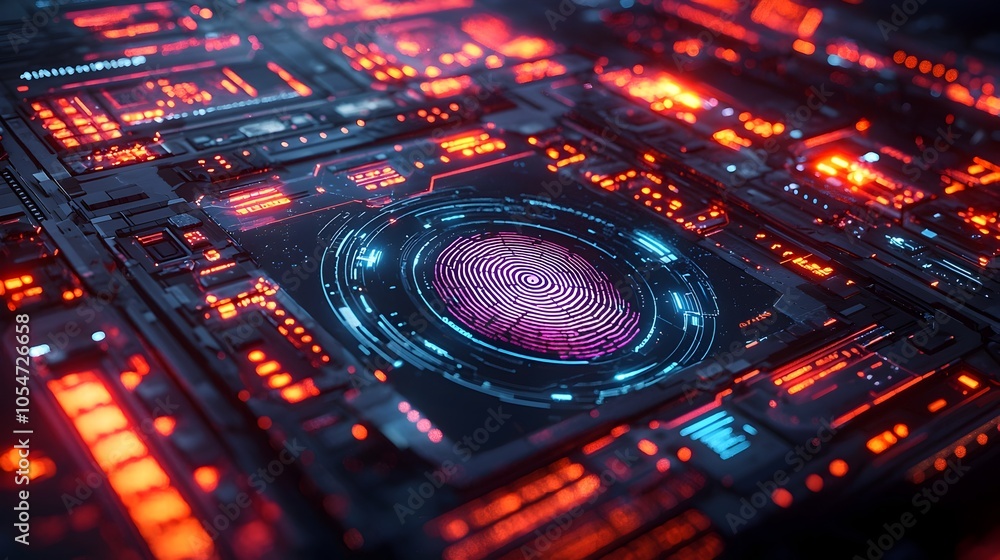 Poster Futuristic digital security interface featuring biometric scanning technology layered in sleek holographic displays and advanced cybersecurity visuals