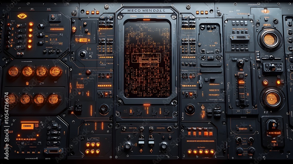 Poster Futuristic tech control board with holographic layers security details and flowing digital code against a dark metallic background representing the of advanced technology cybersecurity