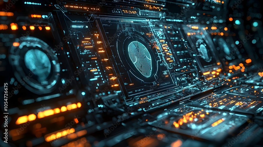 Poster Detailed digital security interface featuring a futuristic biometric scanning system layered with holographic elements and sleek high tech visual components