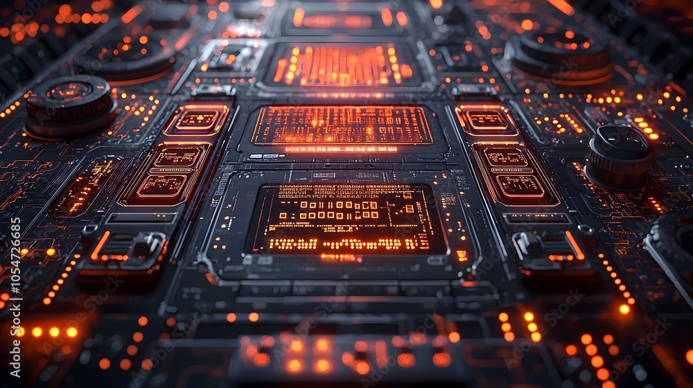 Leinwandbilder Futuristic tech control board with holographic layers security details and flowing digital code on a dark metallic background showcasing advanced technology and digital innovation
