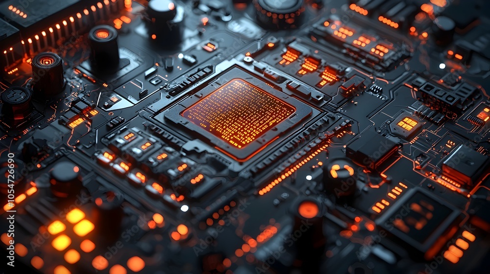 Aufkleber Futuristic tech control board with holographic layers security details and flowing digital code on a dark metallic background  This image represents the advanced complex